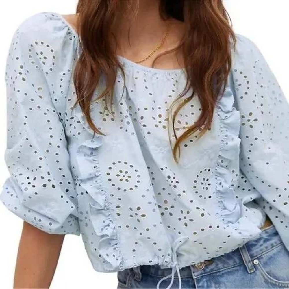 Joie Eyelet Cotton Peasant Blouse Light Blue Long Sleeve Tie Waist Top M